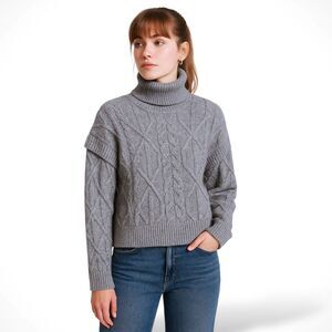 Elie Tahari Cable Knit Turtleneck Sweater in Grey - S | Small